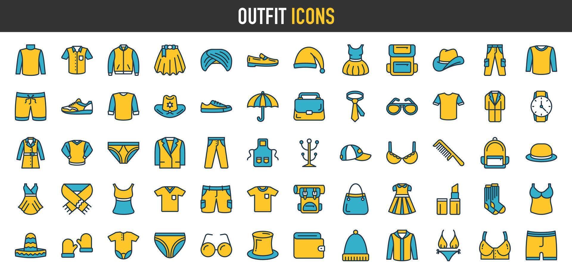equipamento ícone definir. meias, sutiã, gravata, camisa, assistir, chapéu, calção mínimo vetor ilustrações. sólido sinais para moda aplicativo.