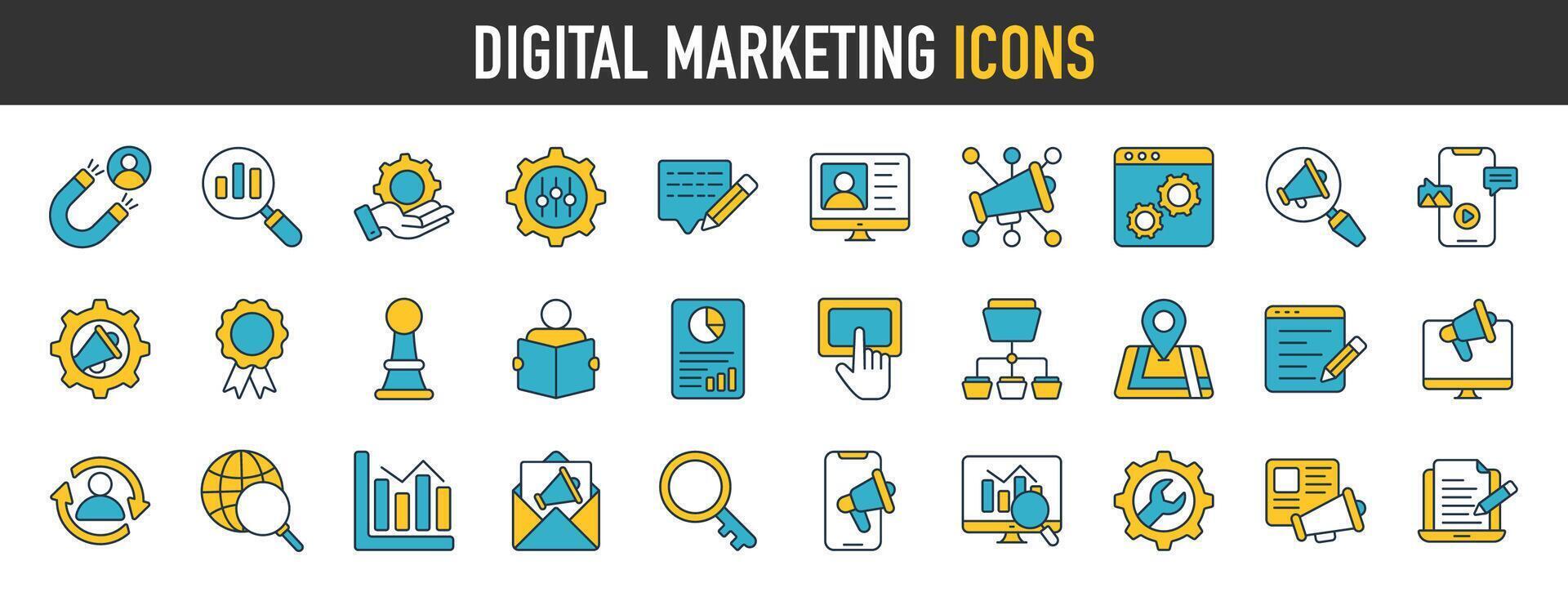 digital marketing ícone definir. contendo SEO, contente, local na rede Internet, social meios de comunicação, comércio eletrônico, eletrônico dispositivos, Internet, análise, vendas e conectados anúncio. vetor ícones coleção.