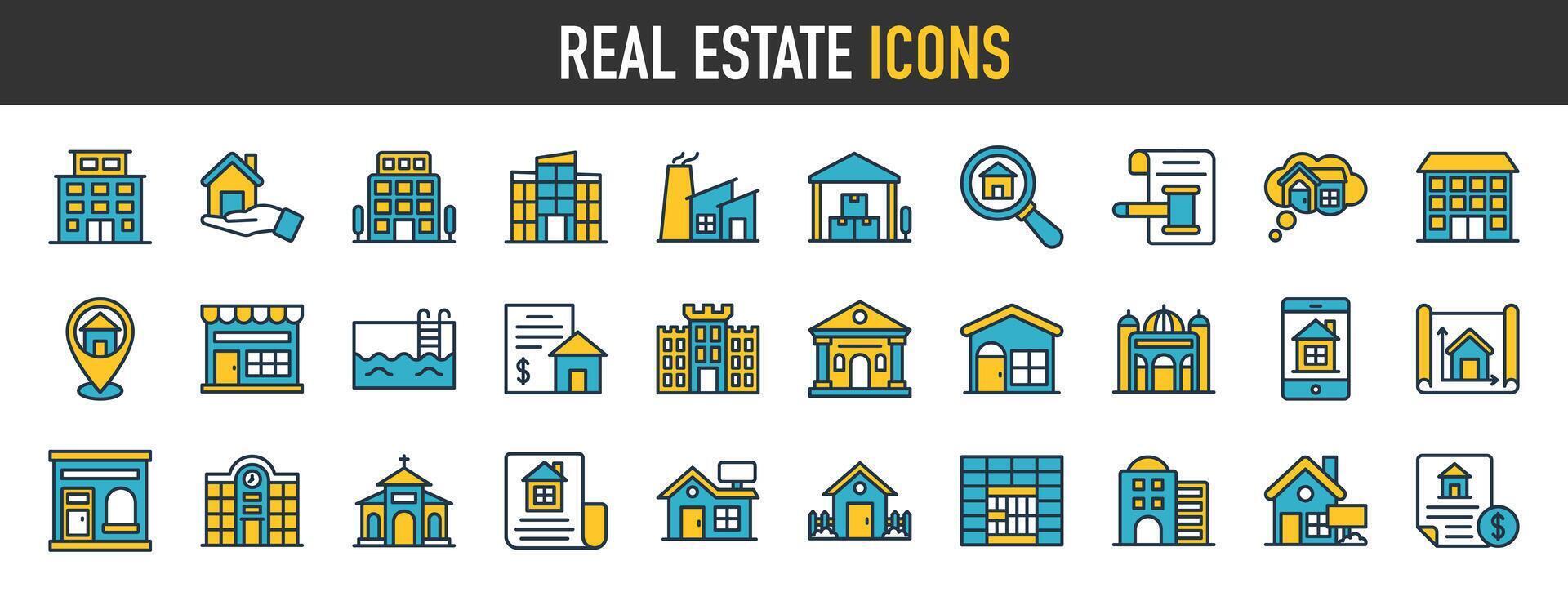 real Estado ícone definir. incluído a ícones Como realidade, propriedade, hipoteca, localização, casa empréstimo e mais. ícones coleção simples vetor ilustração