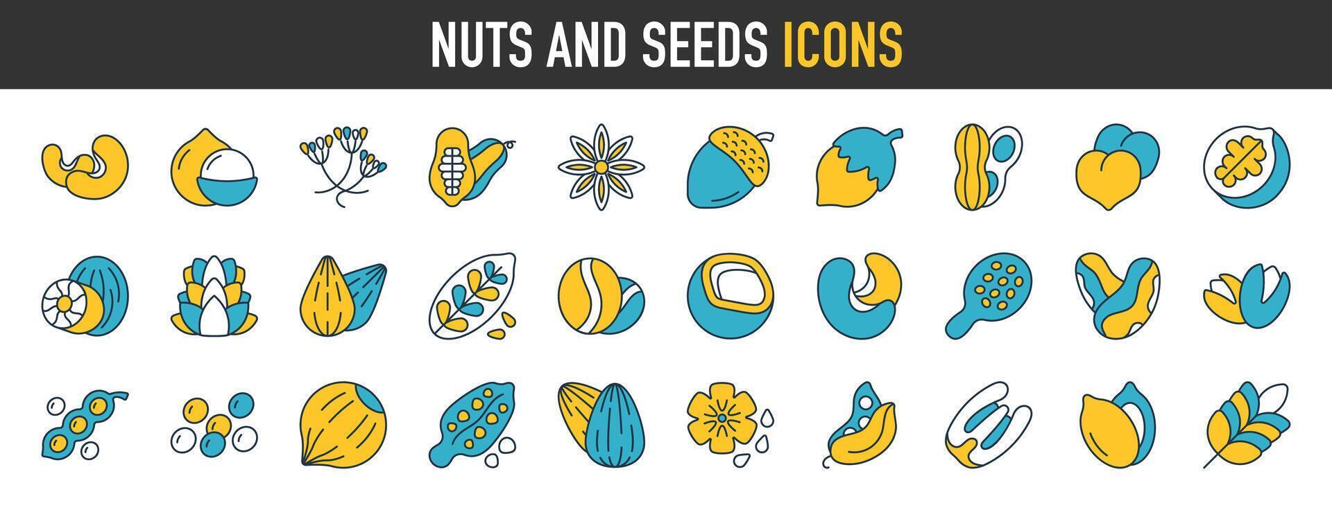 nozes e sementes ícones definir. amendoim, amêndoa, castanha, macadâmia, caju, pistache, e pinho sementes vetor ilustrações. sinais para saudável Comida lojas.
