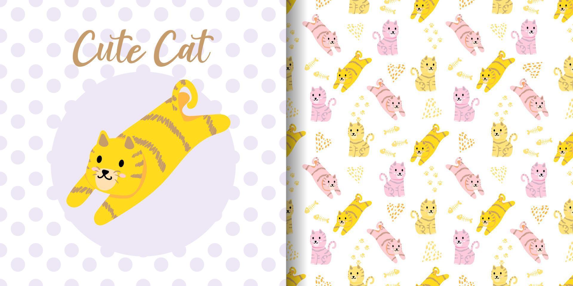 padrão sem emenda de gato fofo com cartão de chuveiro de bebê de desenho animado vetor
