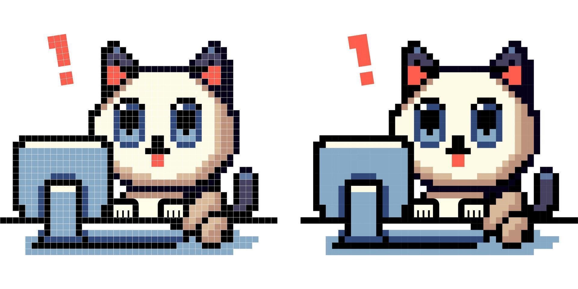 vetor pixel arte ícone com siamês gato digitando em uma computador com uma surpreso face em uma branco fundo