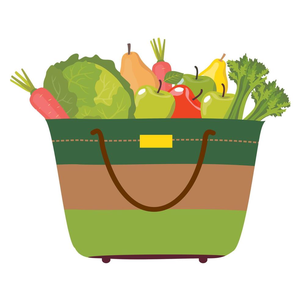 uma têxtil saco com frutas e legumes. maçãs, peras, repolho, salsão dentro uma ampla compras bolsa. vetor ilustrado clipart.