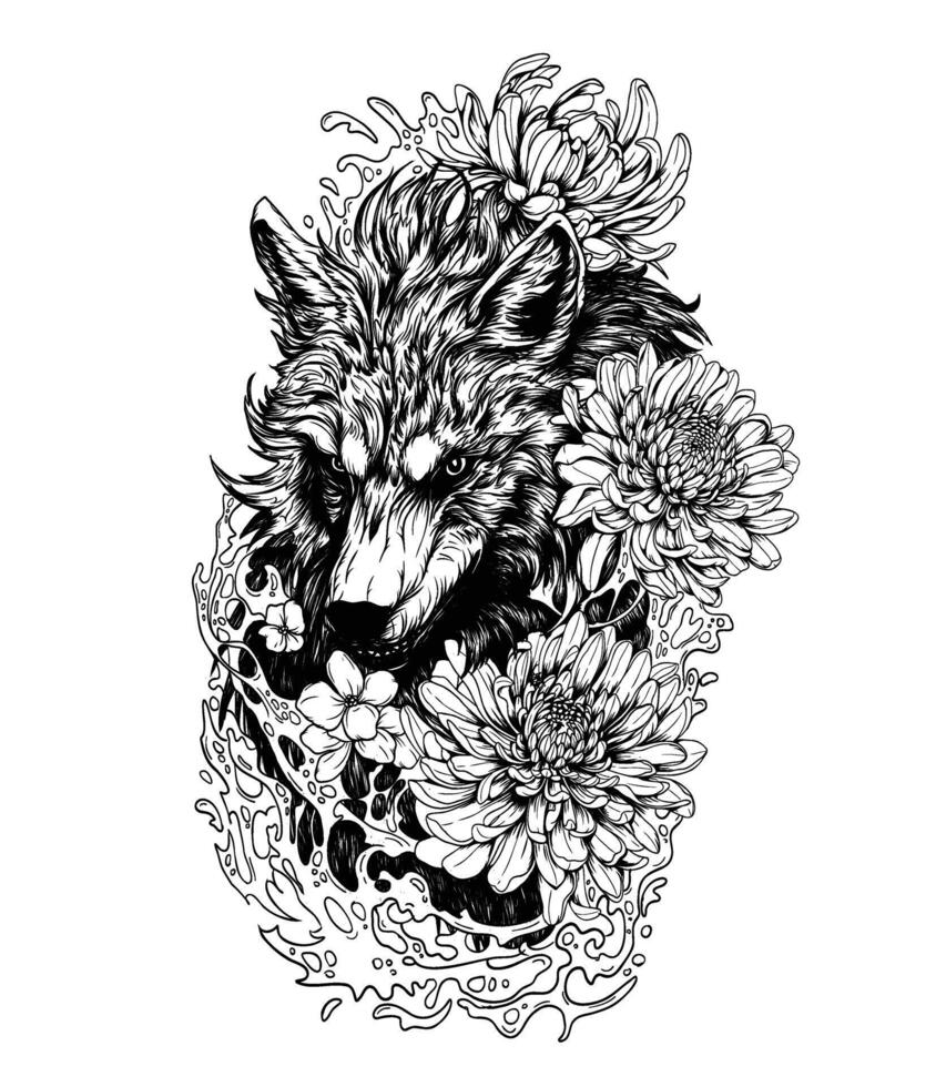 Lobo e flor tatuagem vetor