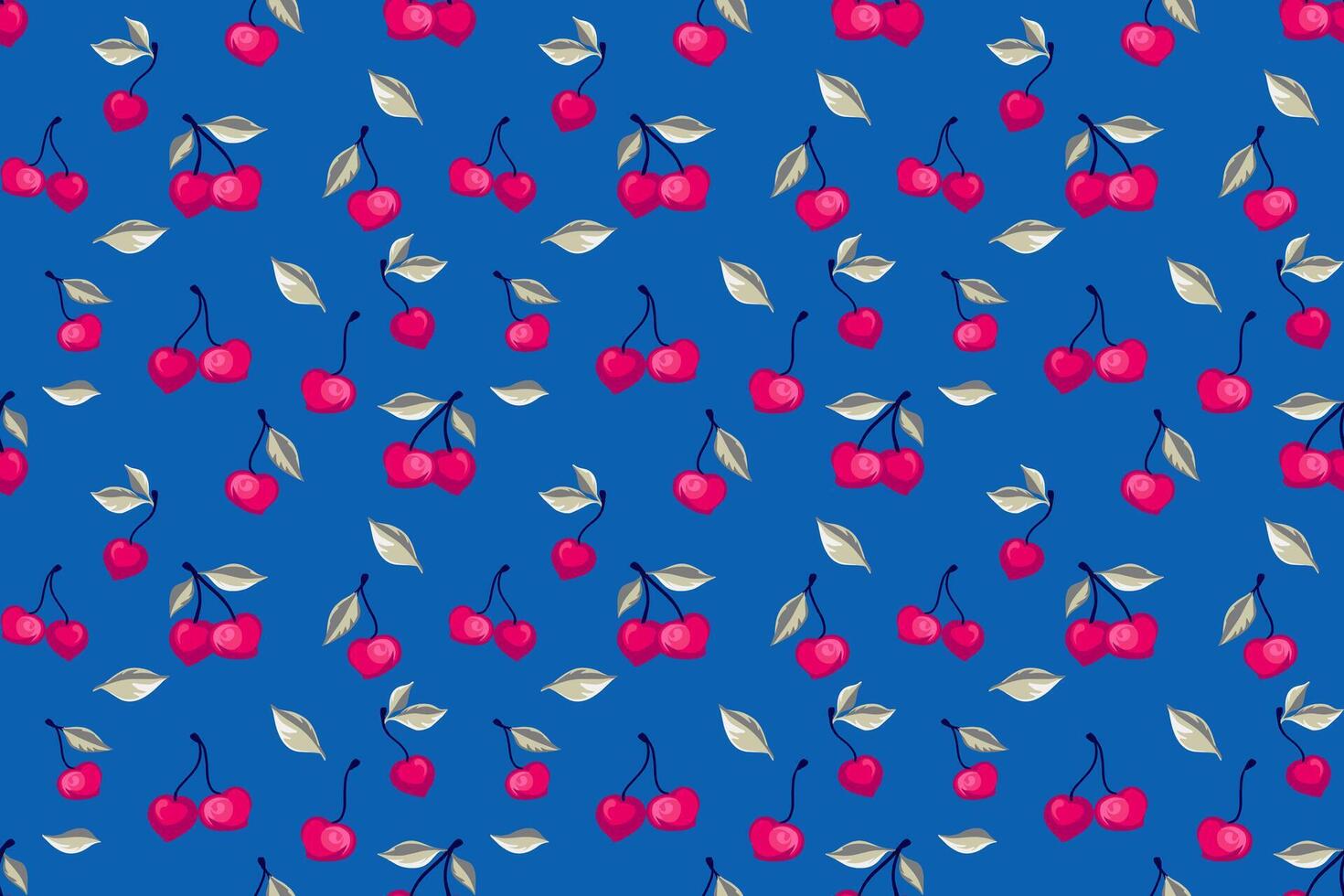 abstrato estilizado cereja desatado padronizar em uma azul fundo. verão vermelho bagas, folhas, fundo impressão. vetor mão desenhado frutas ilustração. colagem para projeto, impressão, estampado