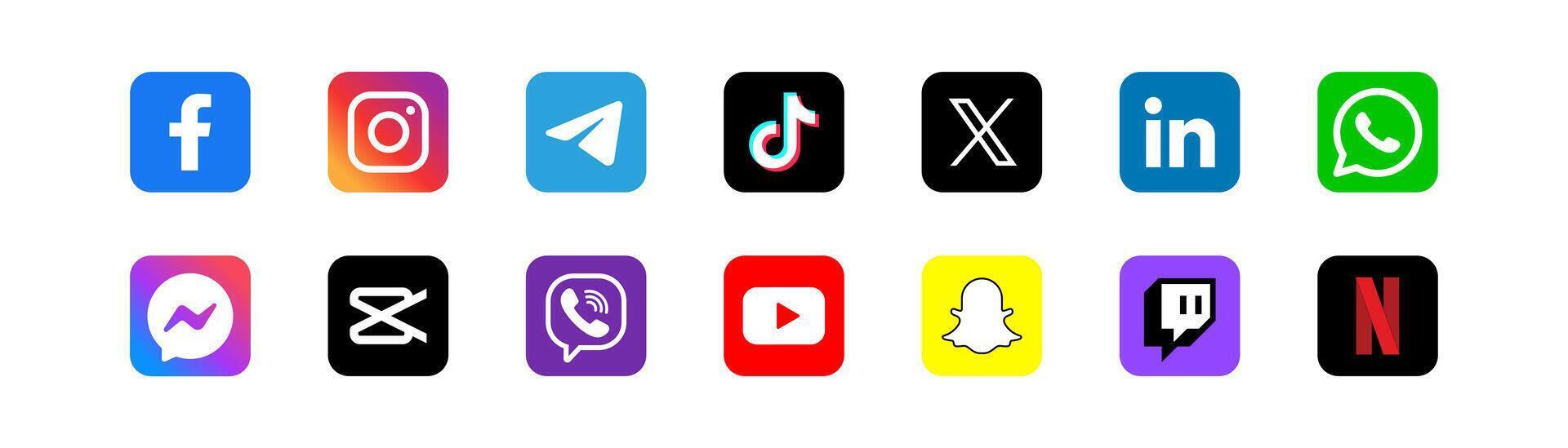 social meios de comunicação logotipo. Facebook, Instagram, Twitter, telegrama, linkedin, viber, Whatsapp, tiktok, corte de cabelo, mensageiro, snapchat, YouTube, contração muscular, netflix logotipo. popular editorial aplicativo. vetor