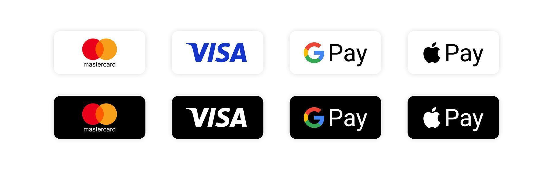 MasterCard, visto, maçã pagar, Google pagar - popular Forma de pagamento sistemas. finança sistema aplicativo. banco cartão. vetor ilustração.