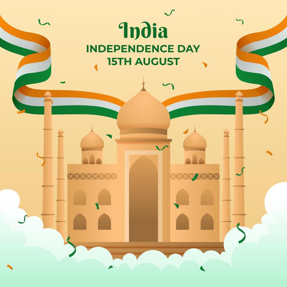 feliz Índia independência dia com tricolor ondulado bandeira e Índia ponto de referência vetor
