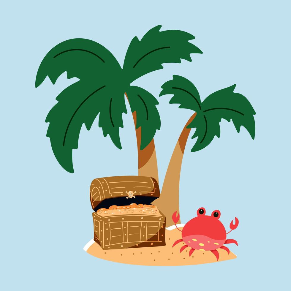 uma ilha com um baú de tesouro pirata, palmeira e caranguejo. conceito de aventura de ilustrações vetoriais isoladas. conjunto de elementos. vetor