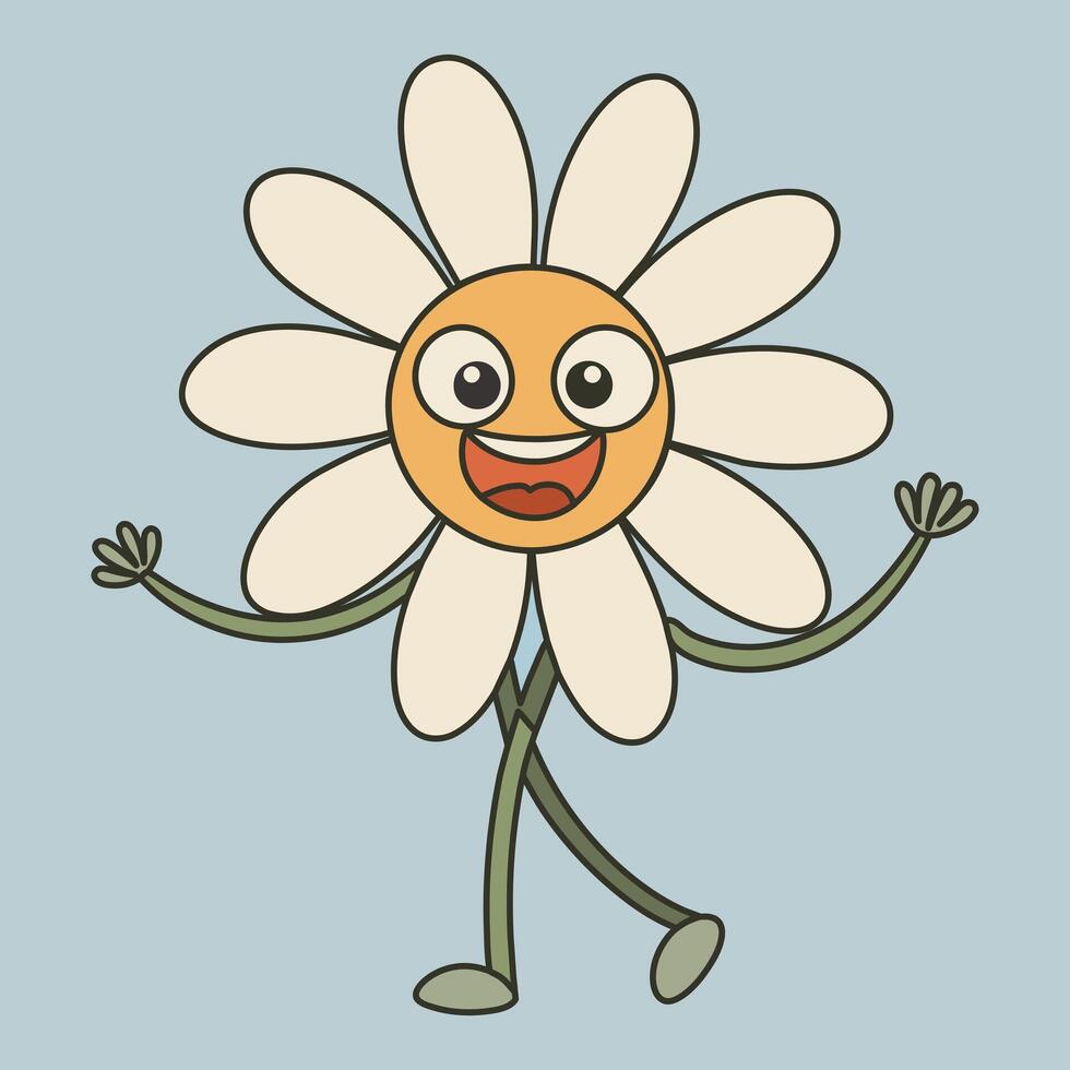 feliz margarida desenho animado personagem dentro retro groovy estilo. mão desenhado vetor flor dentro na moda Anos 70 estilo