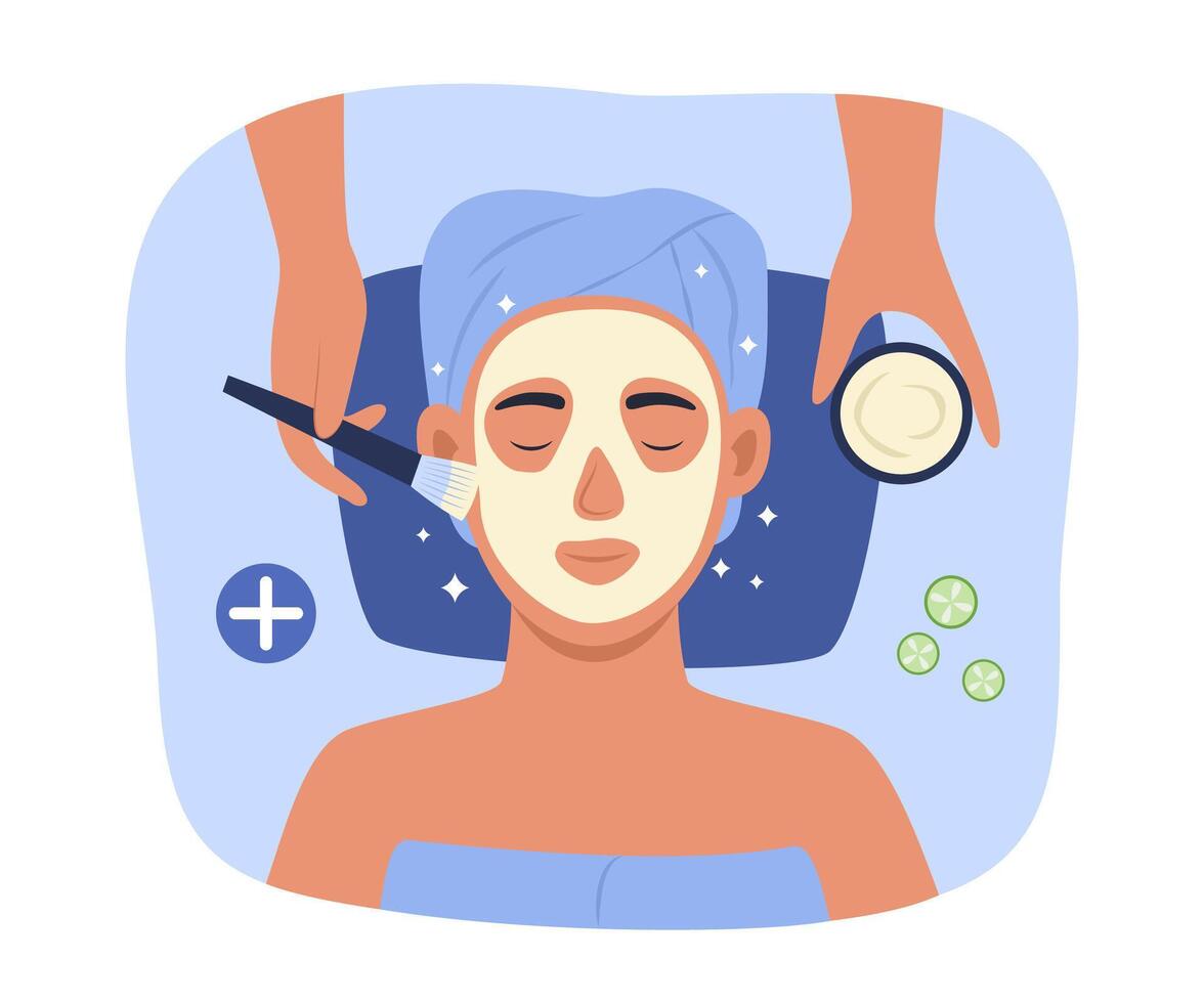 cosmetologista aplicando Cosmético mascarar em mulher face dentro spa salão para cuidados com a pele conceito ilustração vetor