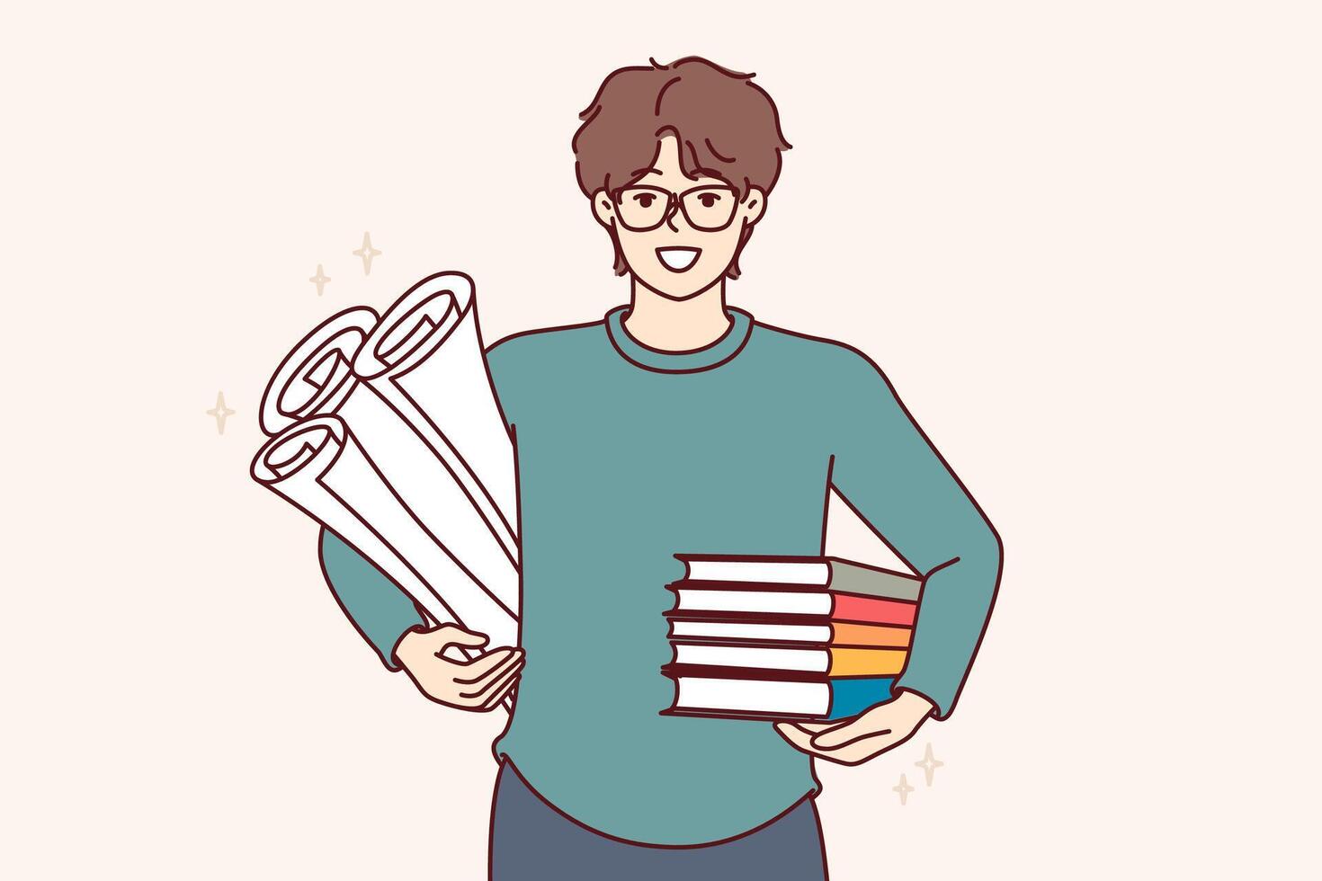 homem aluna com livros didáticos e papéis para criando Engenharia desenhos, sorrisos e parece às tela vetor