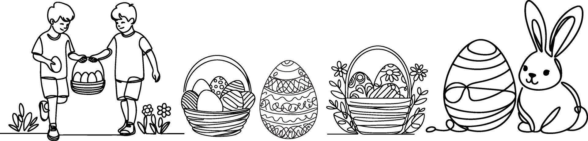 1 contínuo mão desenhando Preto linha arte cesta, Páscoa ovo, coelhinho, crianças, rabisco decorado. Projeto para Coelho Páscoa ovo esboço estilo vetor