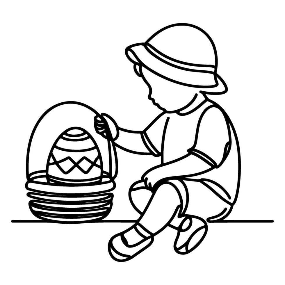 crianças encontrar e escolher acima ovos caçar. mão desenhado Coelho contínuo Preto linha desenhando arte. criança carrega cesta Páscoa ovo rabisco coloração vetor ilustração elementos.