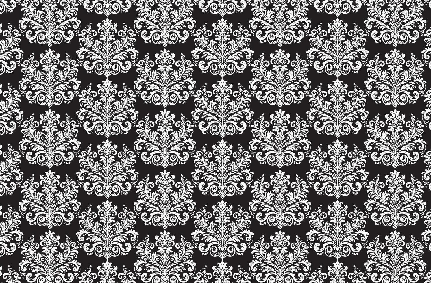 damasco tecido têxtil desatado padronizar luxo decorativo ornamental branco floral vintage decoração Preto fundo. cortina, tapete, papel de parede, roupas, invólucro, têxtil vetor