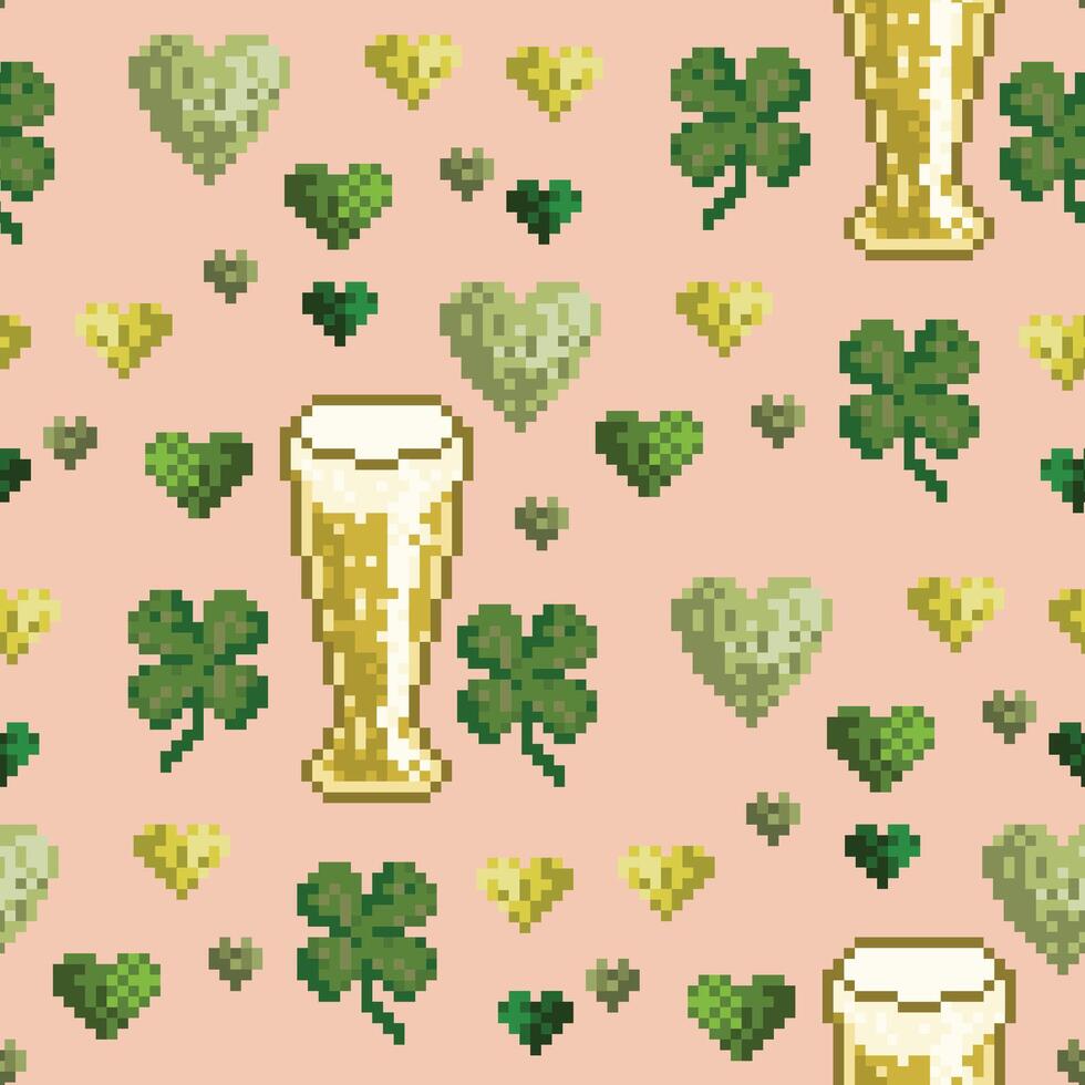 vetor desatado padronizar com Cerveja óculos e quatro folha trevos em Rosa. st patrick dia Projeto. pixel arte