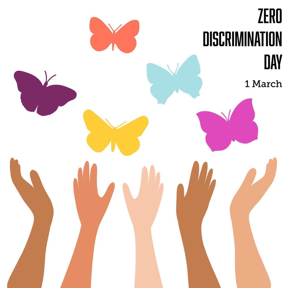 zero discriminação dia, marcha 1º. conceito do igual direitos para pessoas do diferente nacionalidades, gênero, inclusão. vetor