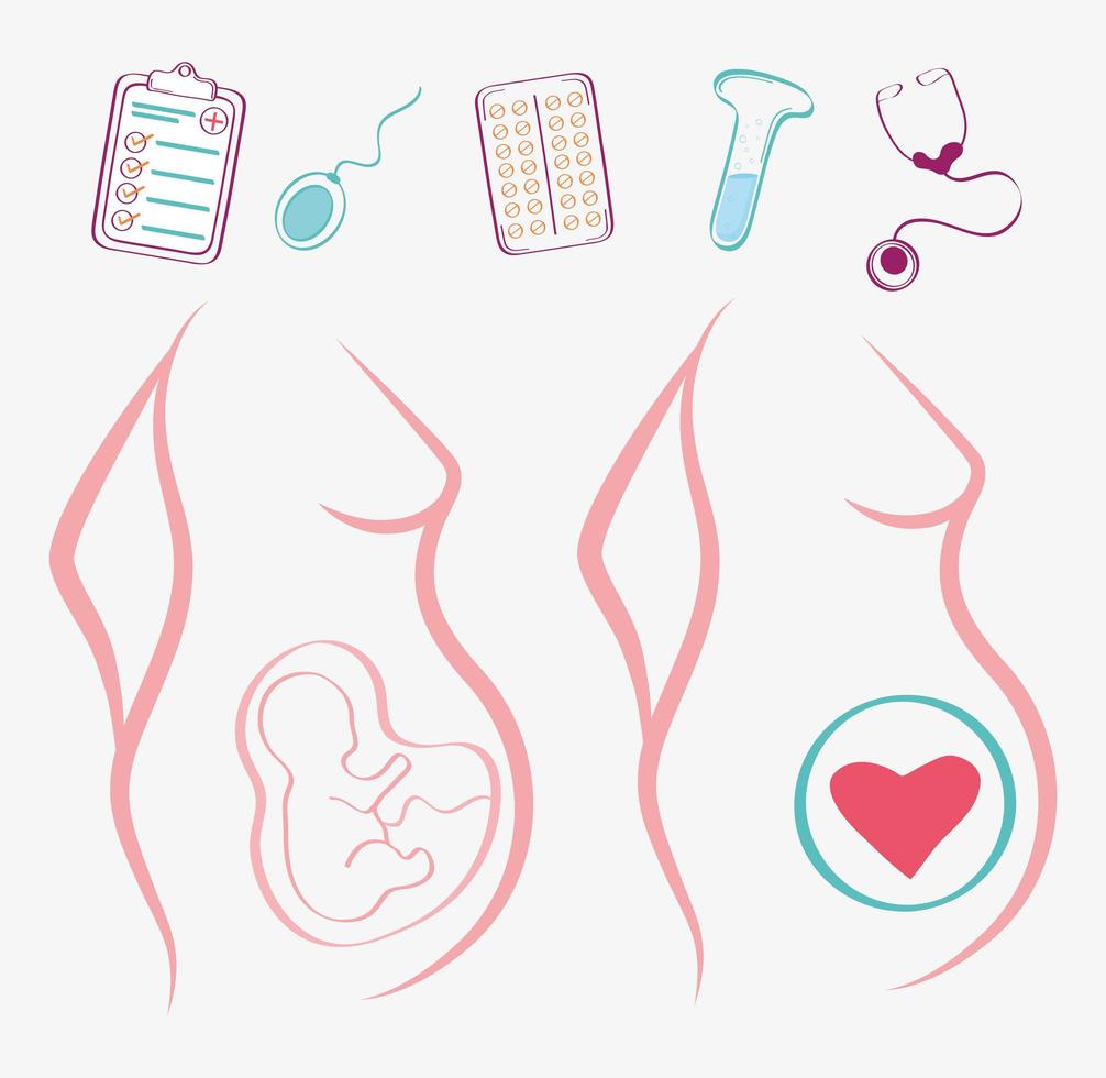 sete ícones de gravidez vetor