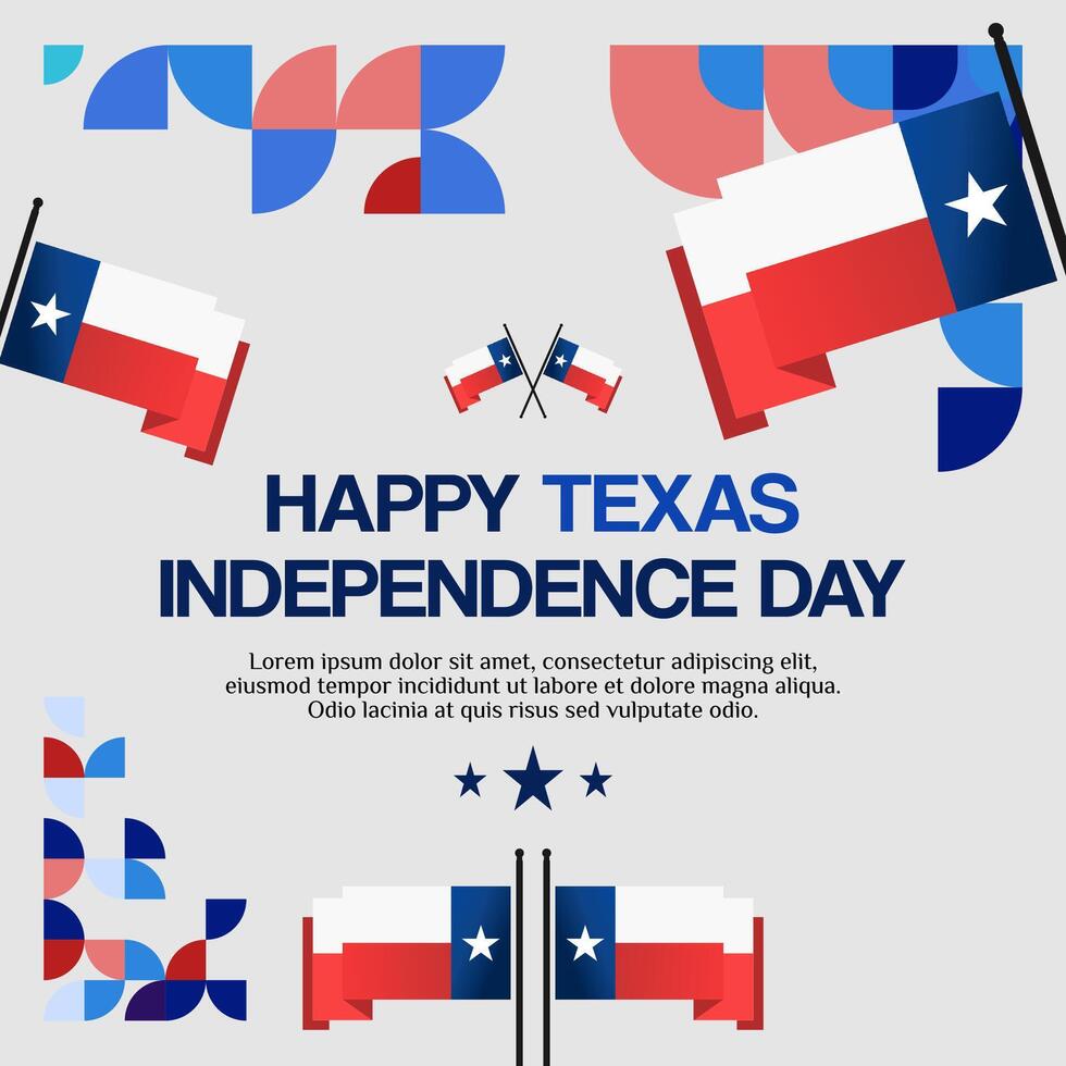 texas independência dia bandeira dentro colorida moderno geométrico estilo. quadrado cumprimento cartão cobrir feliz nacional independência dia com tipografia. vetor ilustração para nacional feriado celebração festa