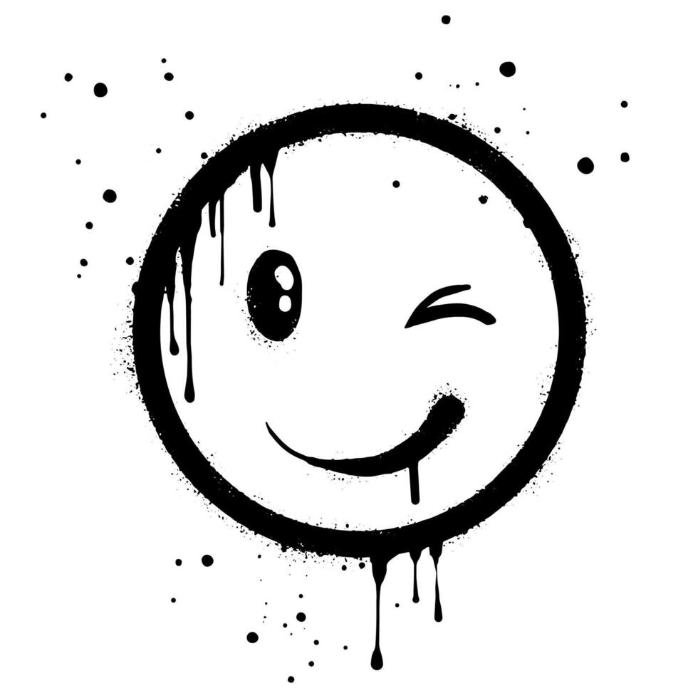 sorridente face emoticon personagem. spray pintado grafite sorrir face dentro Preto sobre branco. isolado em branco fundo. vetor ilustração