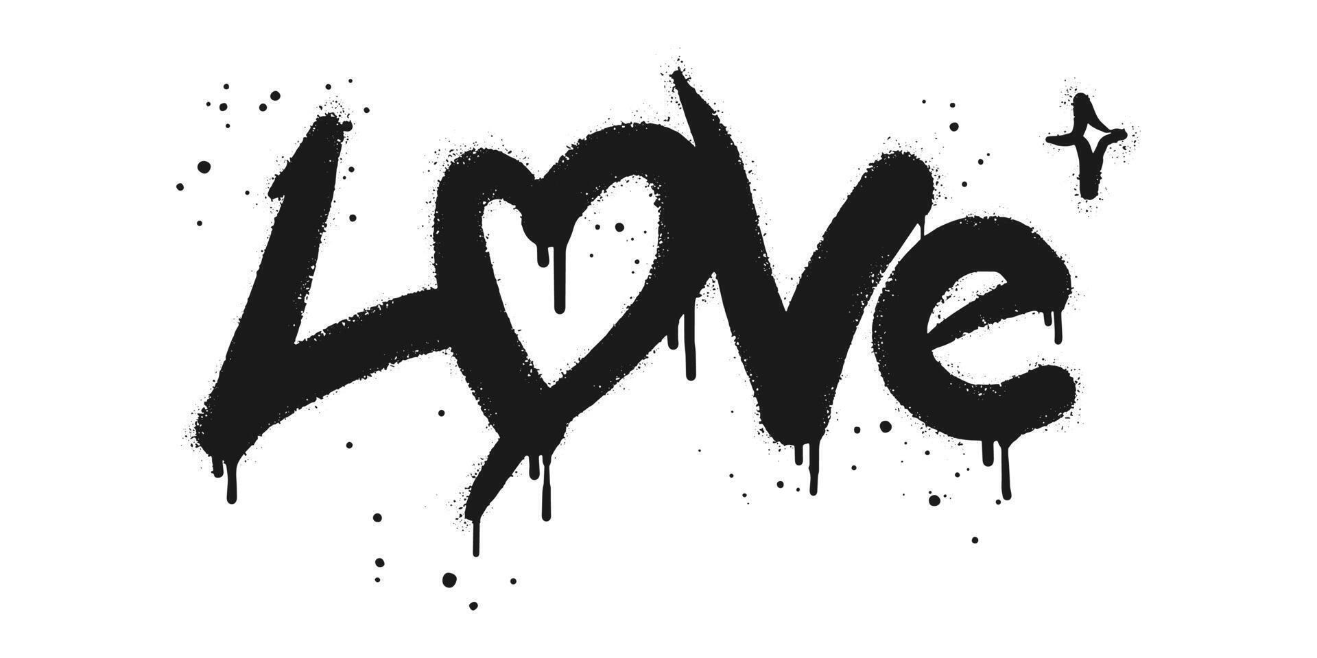 palavra de amor grafite pintada com spray em preto sobre branco. gotas de palavras de amor pulverizadas. isolado no fundo branco. ilustração vetorial vetor