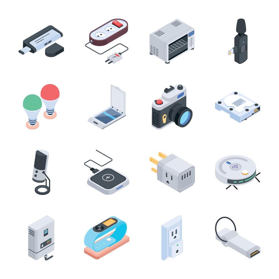 isométrico ícones representando eletrônico dispositivos e aparelhos vetor