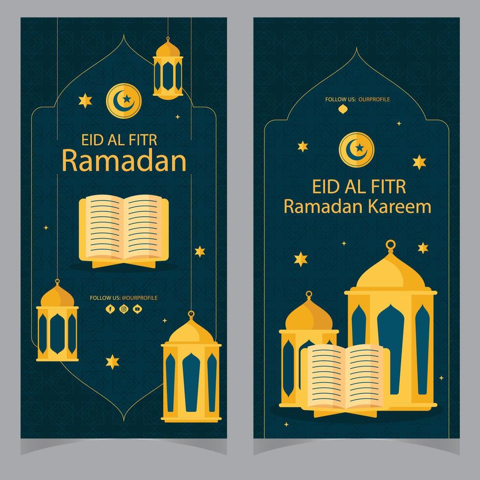 Ramadã kareem conceito vertical faixas com plano adesivo ícones. vetor ilustração. eid mubarak. alcorão, tradicional lanternas, datas, iftar Comida