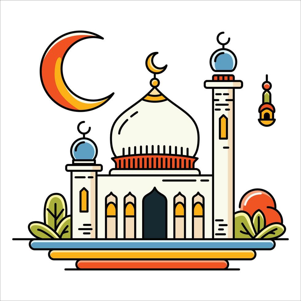 uma vibrante ilustração do uma mesquita com linha arte estilo e plano cor, perfeito para Ramadã, eid, e islâmico evento. vetor