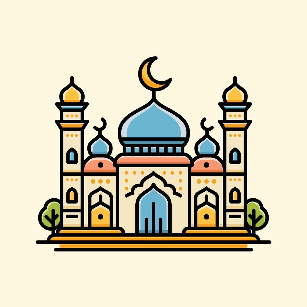 uma vibrante ilustração do uma mesquita com linha arte estilo e plano cor, perfeito para Ramadã, eid, e islâmico evento vetor