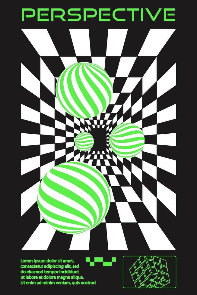 geométrico quadro, Armação com geométrico elementos dentro Preto e branco e brilhante verde cores. abstrato fundo, modelo, cyberpunk elementos dentro na moda psicodélico estilo.retro futurista estético do 00s y2k. vetor