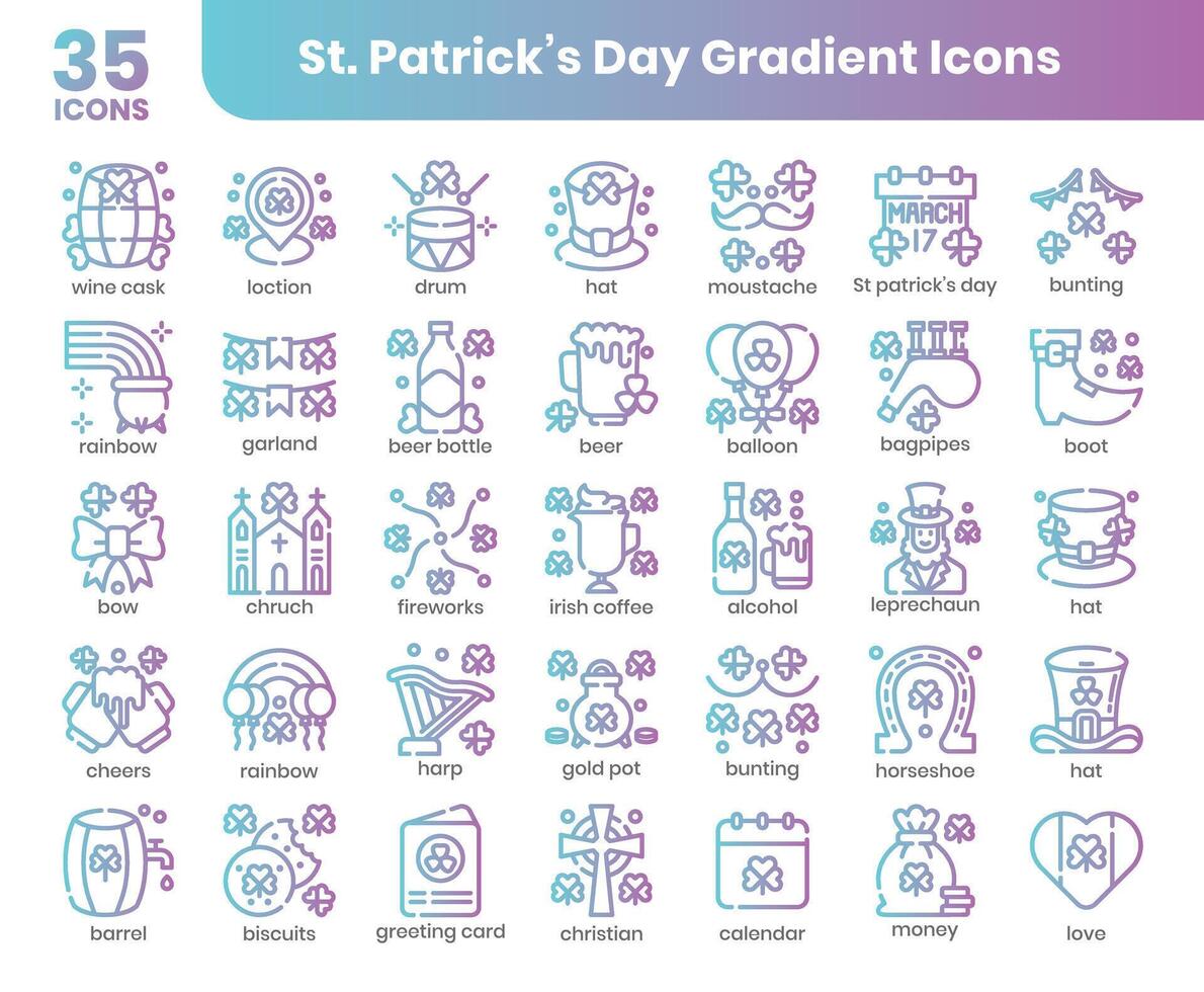 st patrick's dia gradiente esboço ícones conjunto vetor