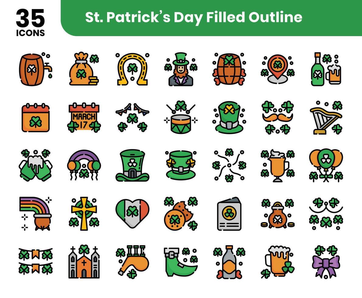 st patrick's dia preenchidas esboço ícones conjunto vetor