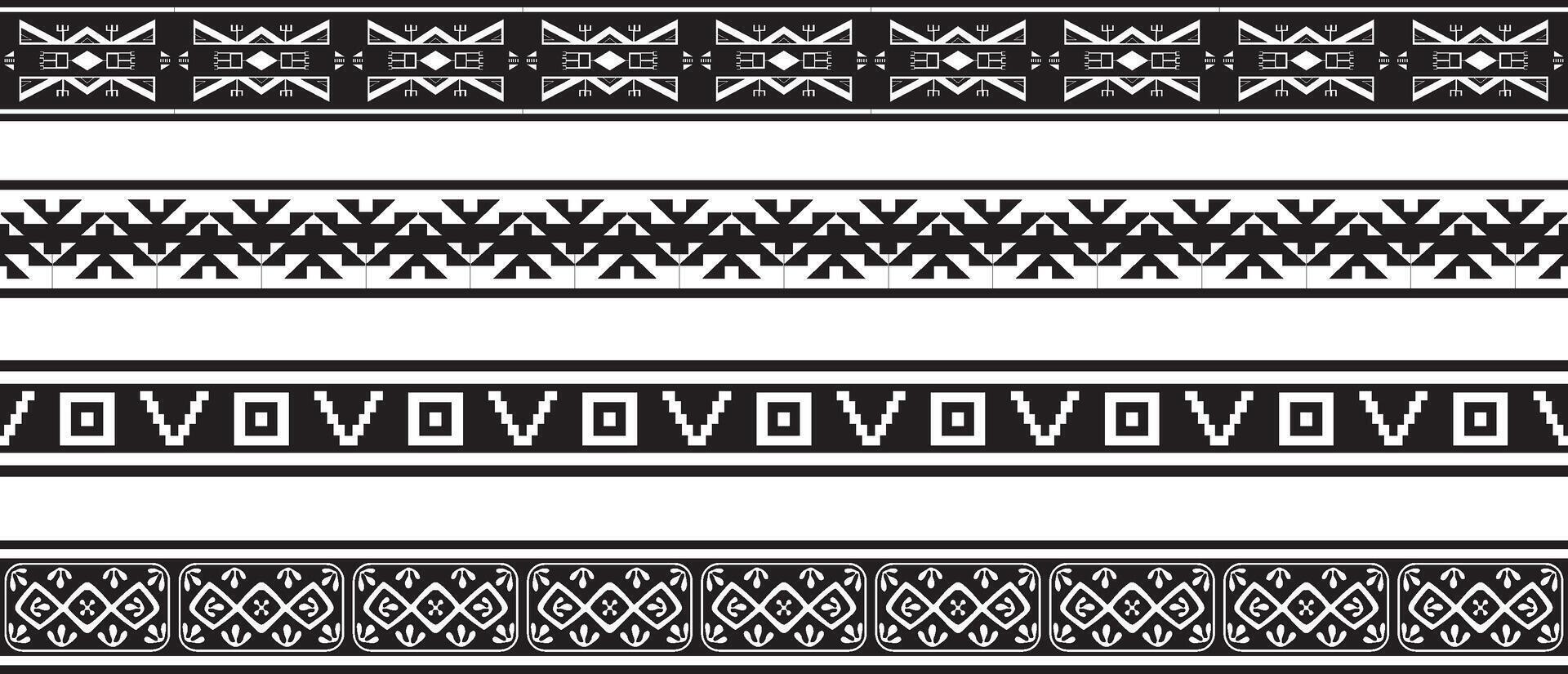 vetor conjunto do desatado monocromático nacional nativo americano enfeites. sem fim étnico Preto fronteiras, quadros do a povos do América, asteca, maia, incas. para jato de areia, plotter e laser corte.