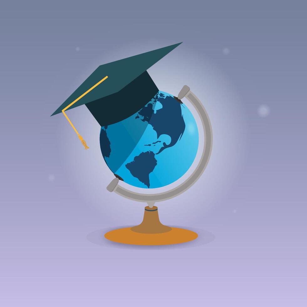 globo com graduação chapéu. mundo conhecimento conceito vetor ilustração