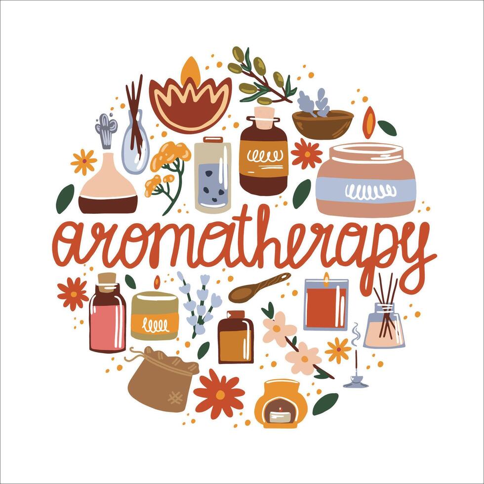 ilustração do aromaterapia e essencial óleos. incenso Gravetos, spa velas e ervas. vetor