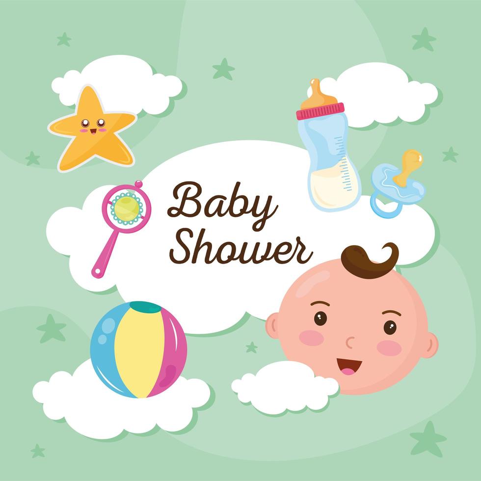 letras do chuveiro de bebê na nuvem com ícones definidos vetor