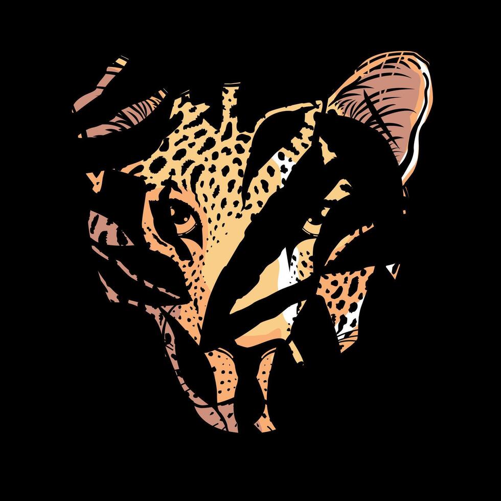 camiseta Projeto do uma leopardo cabeça escondido atrás folhas. vetor