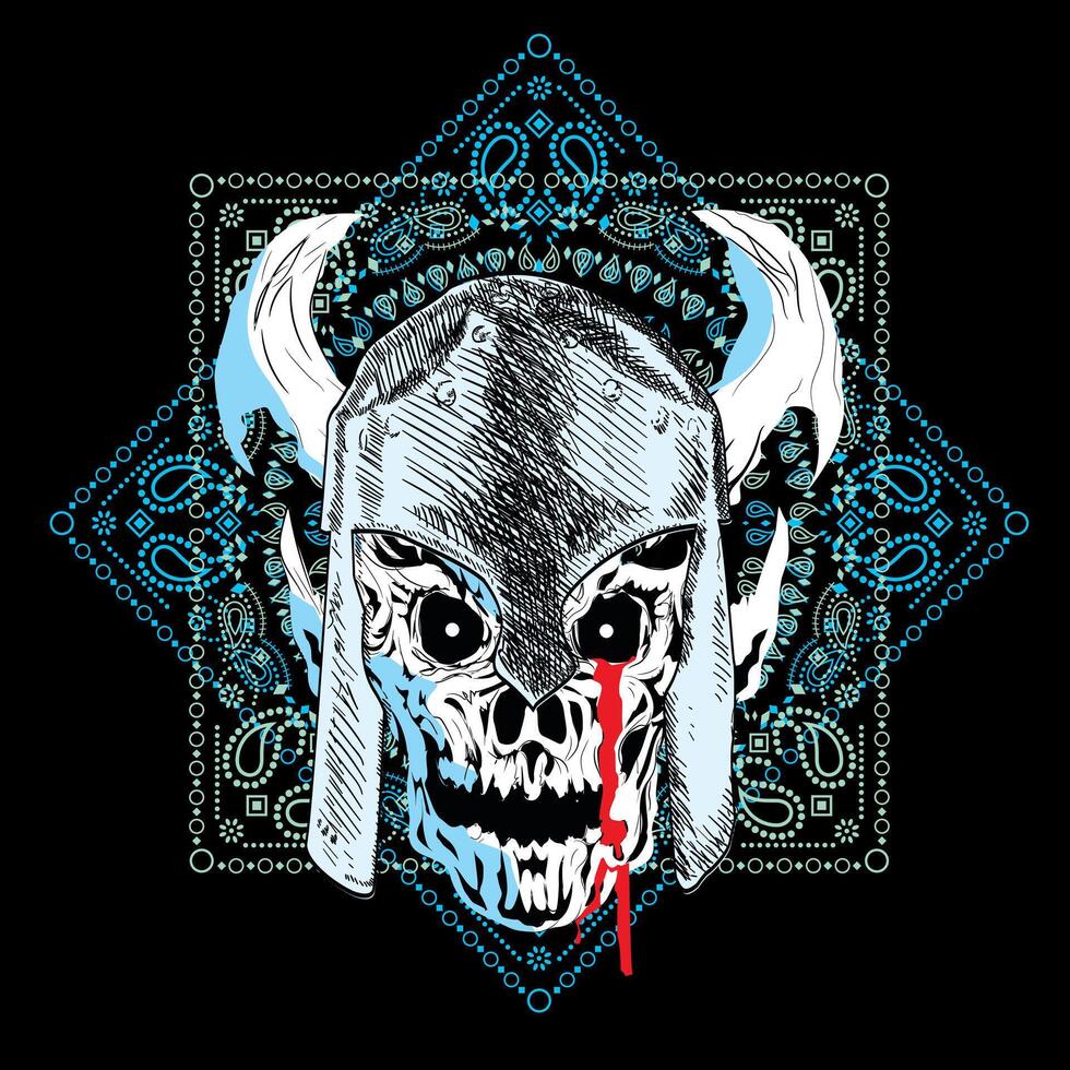 camiseta Projeto do uma crânio com capacete e chifres em uma hindu mandala em uma Preto fundo. vetor