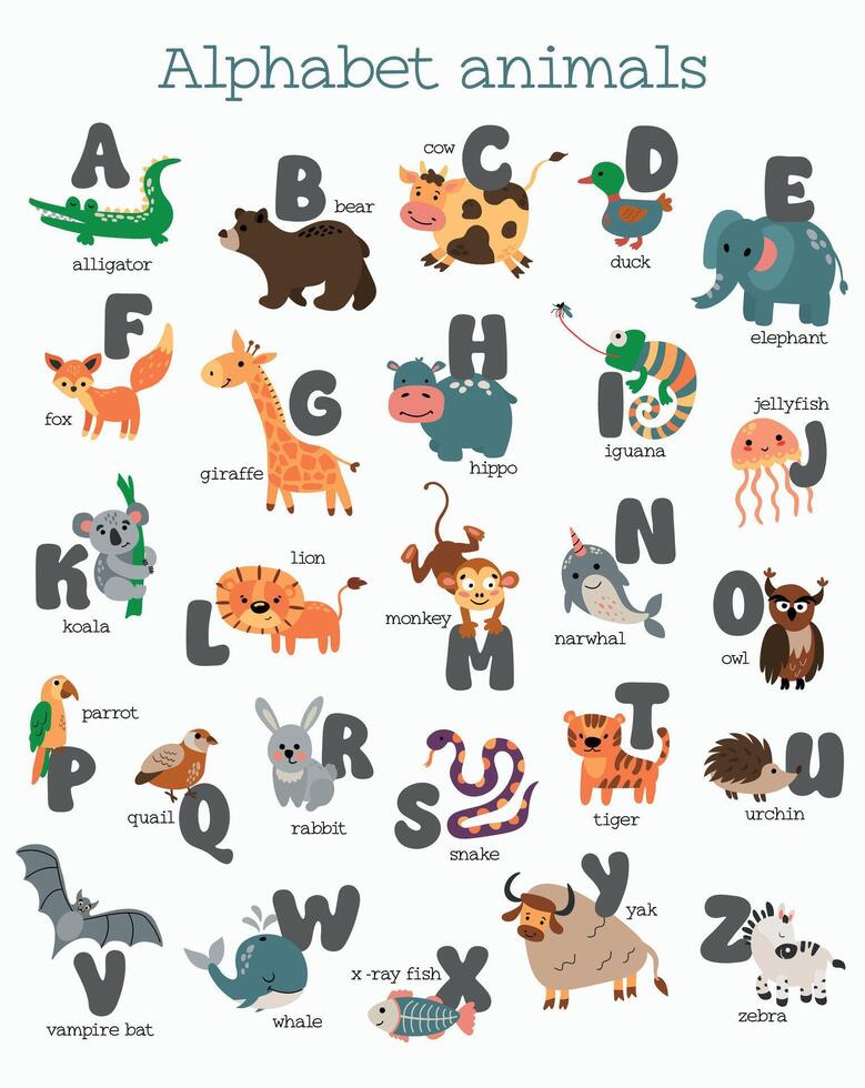 fofa animal alfabeto. Inglês alfabeto poster. abc. vetor