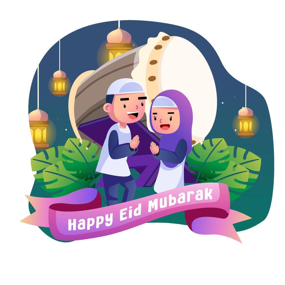 feliz eid Mubarak crianças ilustração vetor