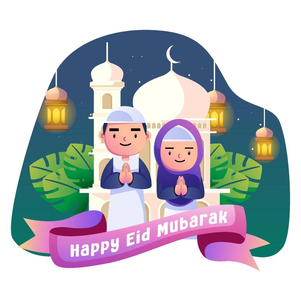 feliz eid Mubarak crianças ilustração vetor