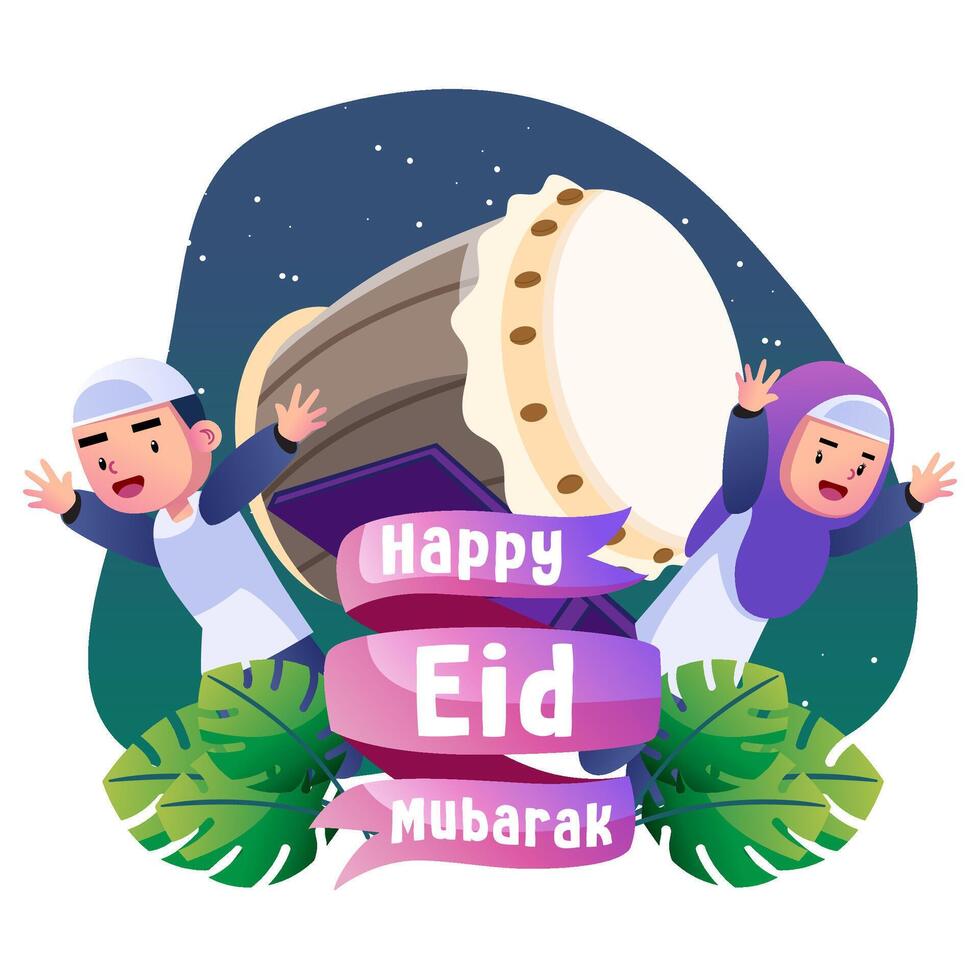 feliz eid Mubarak crianças ilustração vetor