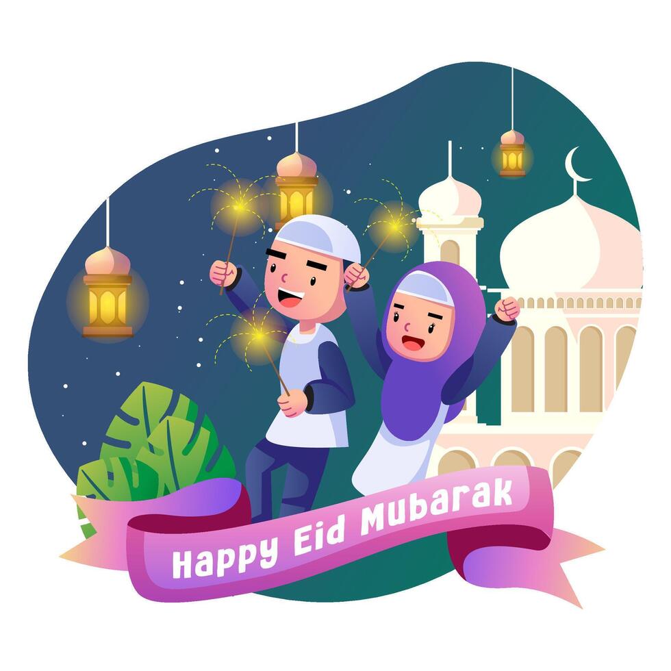 feliz eid Mubarak crianças ilustração vetor