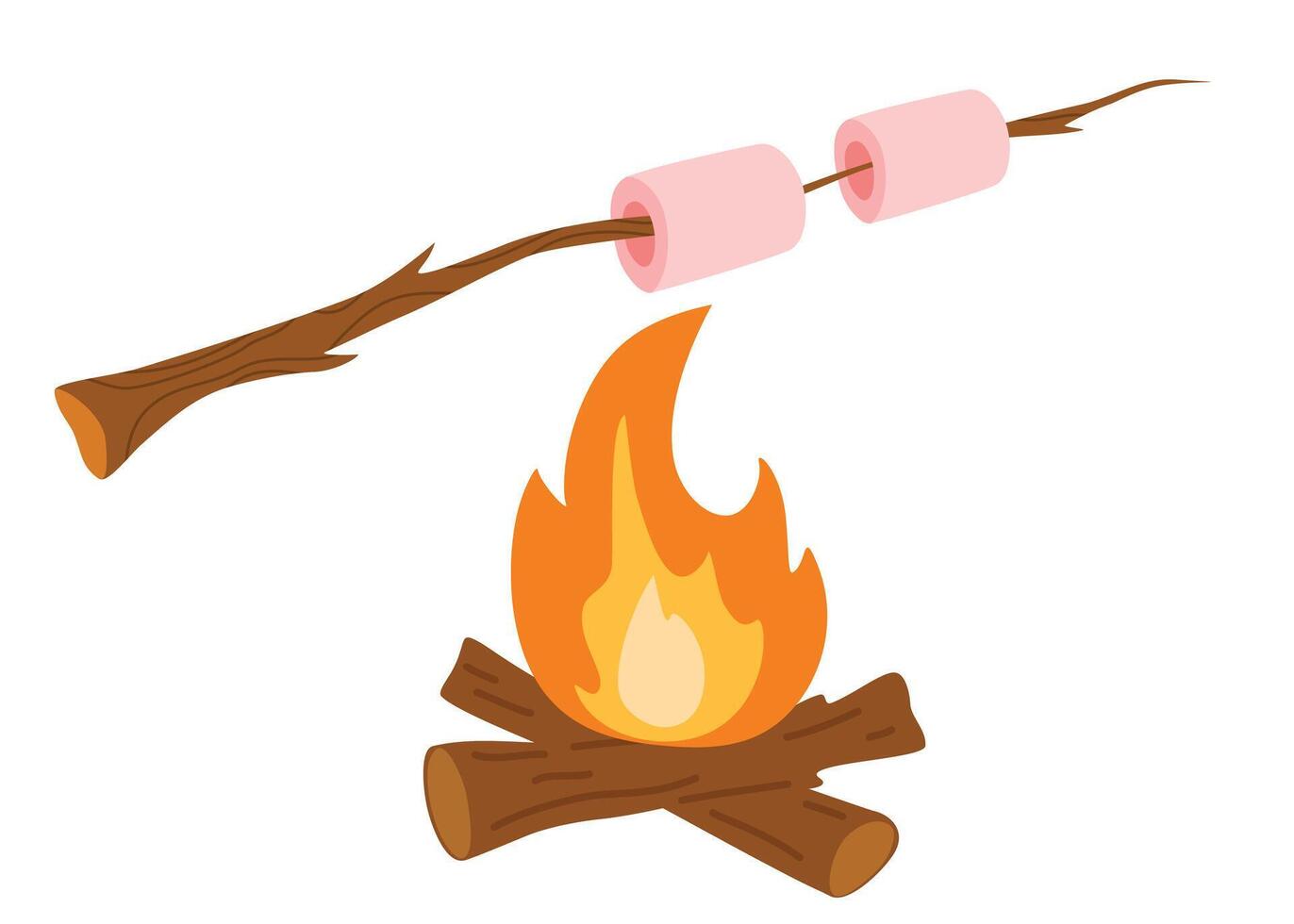 marshmallows assado em fogueira, fogueira acampamento com fritar doce Comida. marshmallow em uma grudar. vetor desenho animado ilustração isolado em a branco fundo