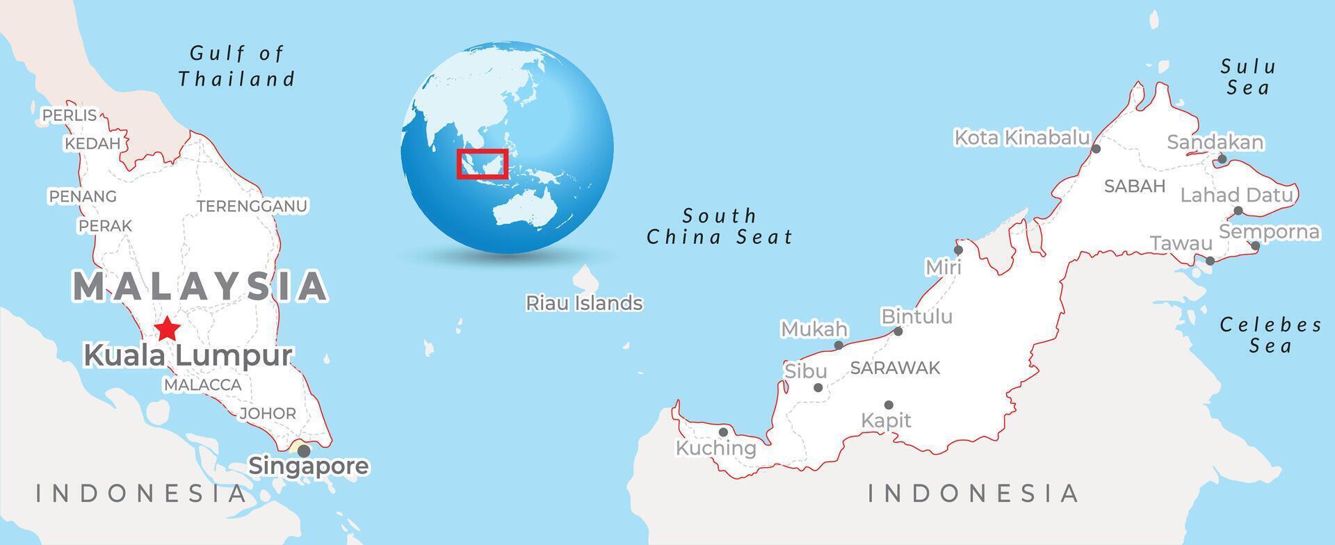 Malásia mapa com capital Kuala Lumpur, a maioria importante cidades e nacional fronteiras vetor