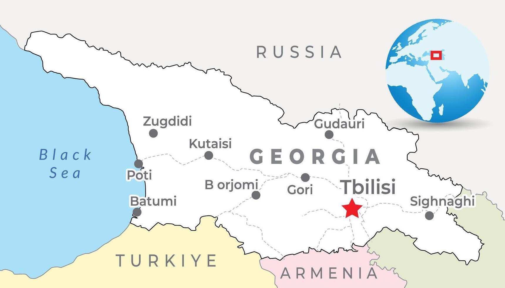 geórgia mapa com capital tbilisi, a maioria importante cidades e nacional fronteiras vetor