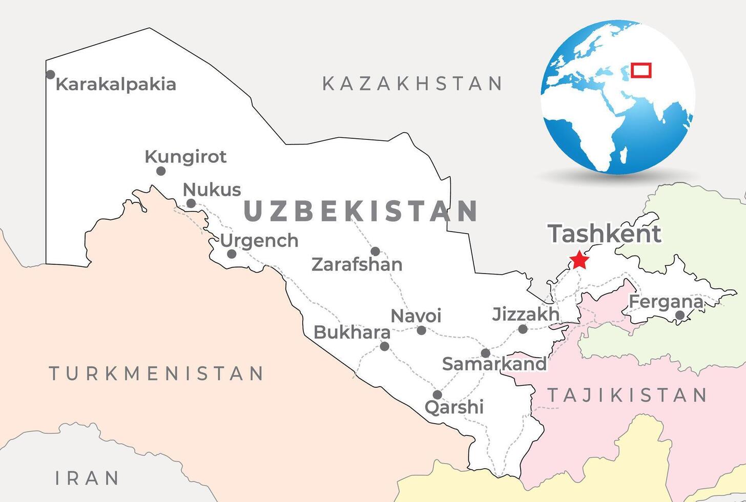 uzbequistão mapa com capital tashkent, a maioria importante cidades e nacional fronteiras vetor