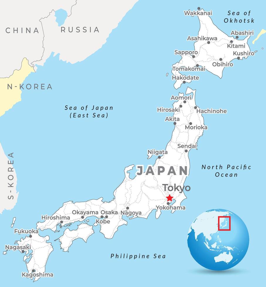 Japão mapa com capital Tóquio, a maioria importante cidades e nacional fronteiras vetor