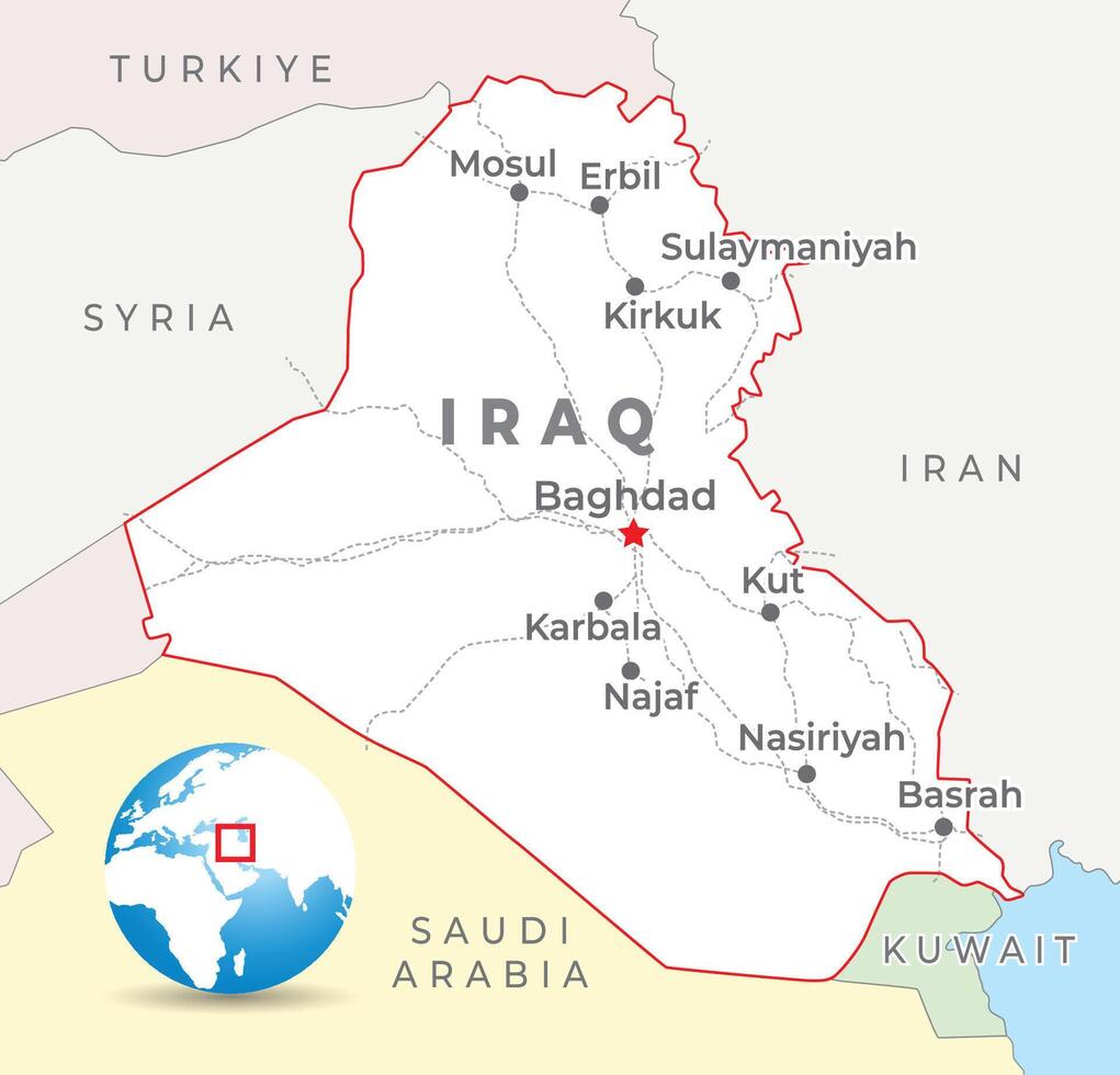 Iraque mapa com capital Bagdá, a maioria importante cidades e nacional fronteiras vetor