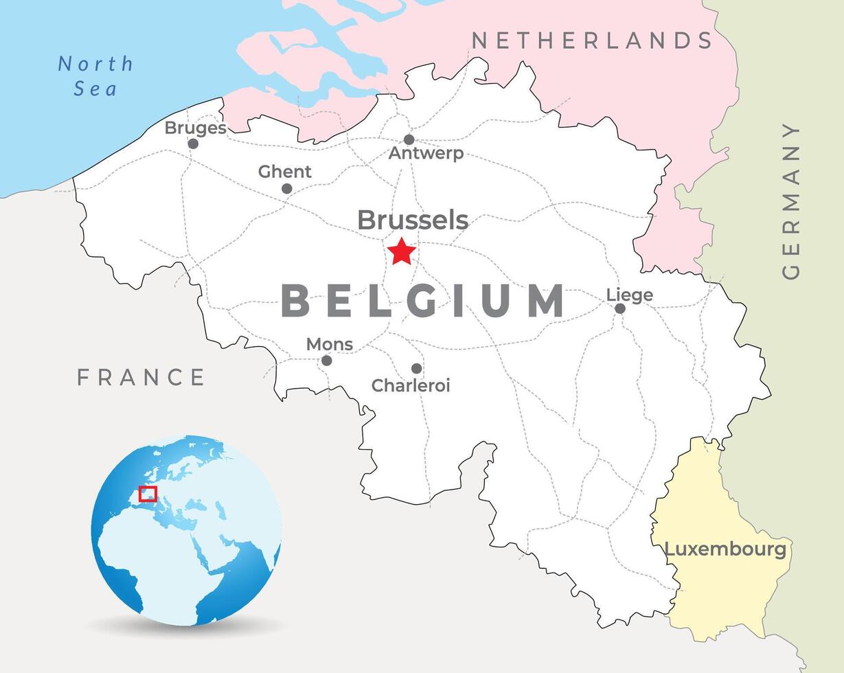 Bélgica mapa com capital Bruxelas, a maioria importante cidades e nacional fronteiras vetor